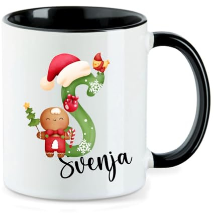 minimutz Weihnachtstasse Kinder mit Name personalisiert | Tasse Trinkbecher Kaffeetasse Keramik Mädchen Jungen | Teetasse Weinachtsalphabet ABC (schwarz)
