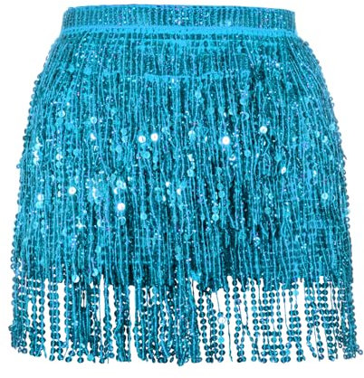 Soudittur Quasten Paillettenrock Damen Glitzer Rock Damen Steampunk Quastenrock Bauchtanz Hüftschal Karneval Fransen Rave Outfit Kostüm Hellblau