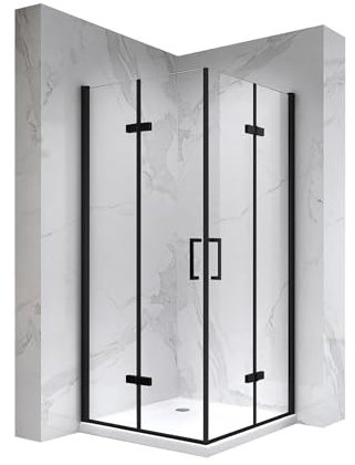 Mampara de Ducha Matilde | 80x80x180cm | REVERSIBLE | Puerta plegable | Ajuste 78,9-80,4 x 78,9-80,4cm | Perfiles Negros, Cristal transparente de 6 mm - Moments of Glass