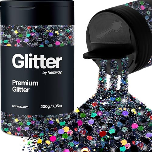Hemway Premium Glitter Shaker - Black Holographic | Multi Size Metallic Flake Sequins for Resin & Epoxy Crafts | Craft Supplies for Tumblers, Festival, Hair, Face, Body, Eye & Nail Art | 210 g