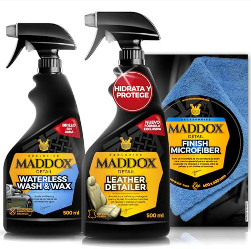 Maddox Detail - Kit Avanzado de Cuidado y Mantenimiento Automotriz - Cuero, Microfibra y Lavado en Seco | Leather Detailer, Finish Microfiber y Waterless Wash & Wax