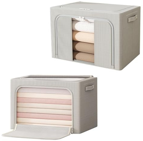 Resszo Large Clothes Storage Bag, 2 Pack Foldable Oxford Cloth Steel Frame Box With Double Opening Zip And Clear Window, Sided Zip Top Lid, With Reinforced Handle for Storing Bedding, Blankets