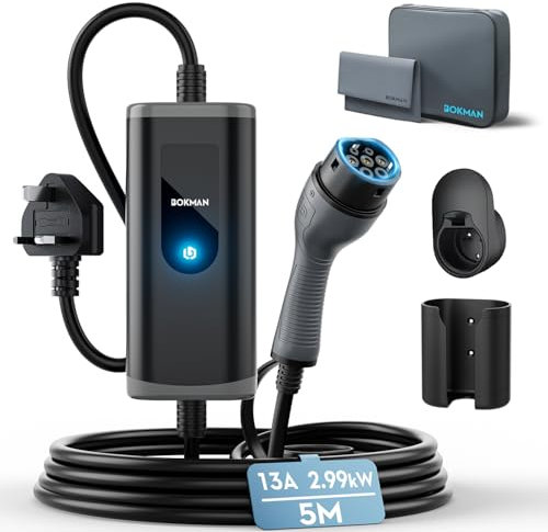 bokman EV Charger Type 2 to 3 Pin Plug, 5M | 2.99kW | 13A | IP65 Waterproof, Electric Car Charger Type 2 Charging Cable 3 Pin with LED Indicators & Carry Bag & Microfiber Towel