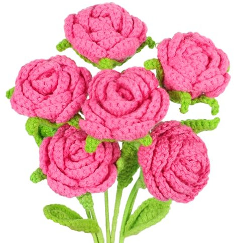 Lovmeety Häkelrosen, Häkelblumen, handgefertigt, gestrickte Rosen, Häkelstrauß für Zuhause, Hochzeit, Vase, Dekoration, Abschlussfeier, Geburtstag, Frauengeschenk, 6 Stück