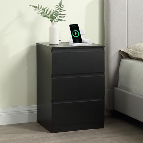 Home Treats Bedside Table with USB A and USB C Charging Ports Side End Tables with 3 Drawers 2 British Plug 2m Cable for Bedroom, Living Room, Study, Office (Black)