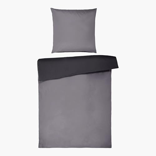 Homewell Baumwoll-Bettwäsche Set 4-teilig 135x200 cm | Premium Mako-Satin mit Reißverschluss | Wendebettwäsche, Grau/Anthrazit
