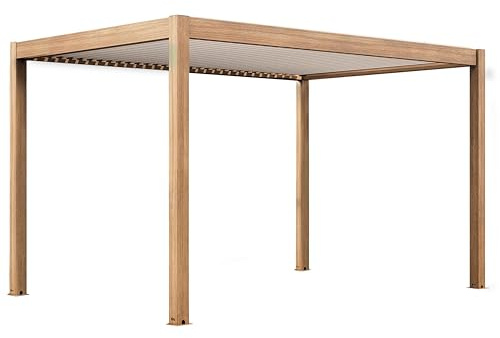 Oviala Pergola bioclimatique autoportée et motorisée éclairée 3x4m Bois Blanc