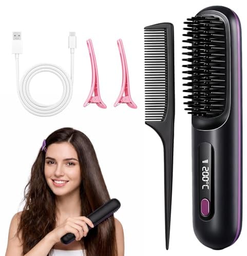 Cepillo Alisador Pelo Inalambrica, Escova Alisadora de Cabelo Iónico | Peine Alisador de Cabello Electrico Portátil, Recarga USB, con Pantalla LCD, 3 Modos Ajustable, 160-200°C, Mini Plancha Pelo