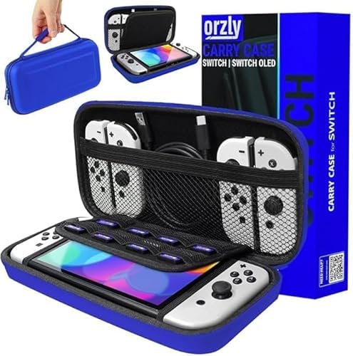 Orzly Carrying Case for Nintendo Switch OLED and Switch Console - Blue Protective Hard Portable Travel case Shell Pouch for Nintendo Switch Console & Accessories