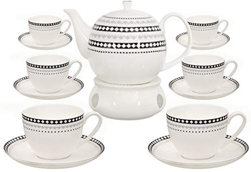 Buchensee Kaffeeservice aus Fine Bone China Porzellan. Tee- / Kaffeekanne 1,5l mit stilvollem Rautendekor, 6 Kaffeetassen, 6 Unterteller und Stövchen.