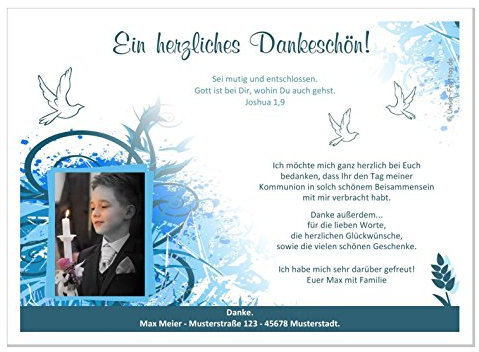 Dankeskarten zur Kommunion, für Junge, mit oder ohne Foto, cool moderne Karten, Text änderbar - Menge 20, Maße 17 x 12 cm