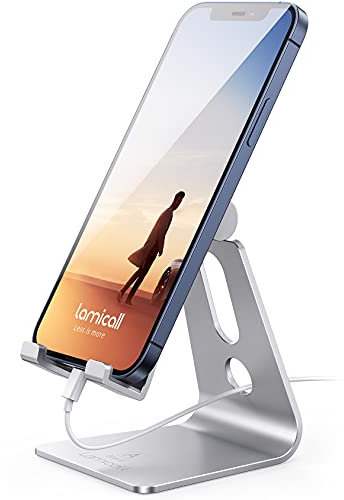 Lamicall Support Téléphone, Multi Position Dock Téléphone - Support Dock pour iPhone 16 Pro Max Plus, 15/14/13/12 Pro Max Plus Mini SE XS Max XR X 8 7, Huawei, Samsung, Autres Smartphones -Argenté