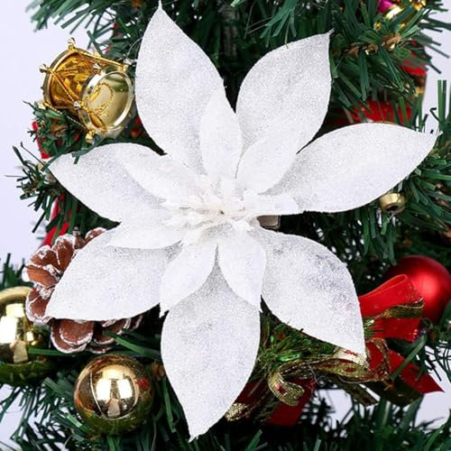 GL-Turelfies 12 Stück glitzernde Weihnachtsblumen (16 cm) mit 12 Stück Clips künstliche Weihnachtssterne Blume Weihnachtsbaum Blumen Dekorationen Weihnachtsbaum Ornamente (weiß)