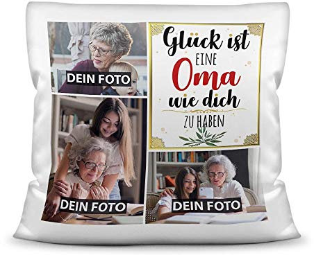 PR Print Royal Kissen mit Füllung - Fotocollage selbst gestalten mit Spruch für Oma - GLÜCK - mit DREI eigenen Fotos - Geschenkidee Fotokissen - Kissen Polyester - Weiß