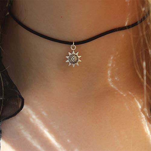 TseenYi Kleine Sonnenblumen-Halskette, Choker, schwarzes Wildleder, kurze Boho-Halsketten, Schmuck für Damen und Mädchen, Metall