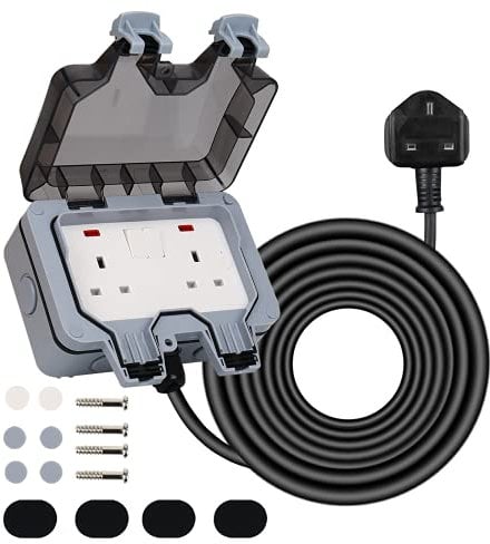 Weatherproof Outdoor Socket IP66 with 5M Extension Lead, Wall Electrical Outlets Box Switched Exterior Socket 13A with Indicator Light for Bathroom Garden Garage Yard (5M)