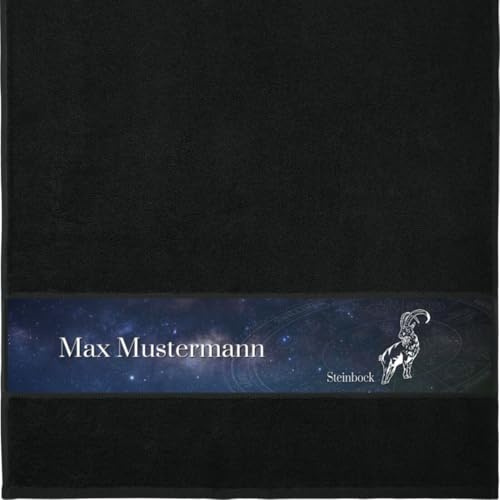 Handtuch mit Namen - personalisiert - Motiv Sternzeichen Steinbock - viele Farben & Motive - Dusch-Handtuch - schwarz - Größe 50x100 cm - persönliches Geschenk mit Wunsch-Motiv und Wunsch-Name