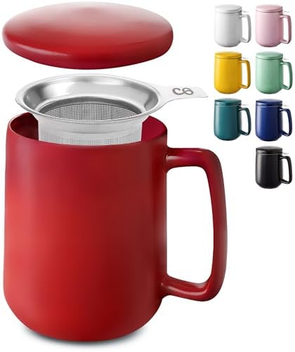 Cosumy Tazza di Ceramica con Filtro e Coperchio - 500ml Grande - Con Manico - Lavabile in Lavastoviglie - Per Tè e Infusi (Rosso)