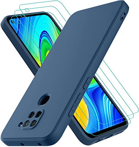 Oureidoo Hülle kompatibel mit Xiaomi Redmi Note 9, mit 3 Stück Panzerglas Schutzfolie, Handyhülle für Xiaomi Redmi Note 9 Silikon gummiert, Handy Case in Blau
