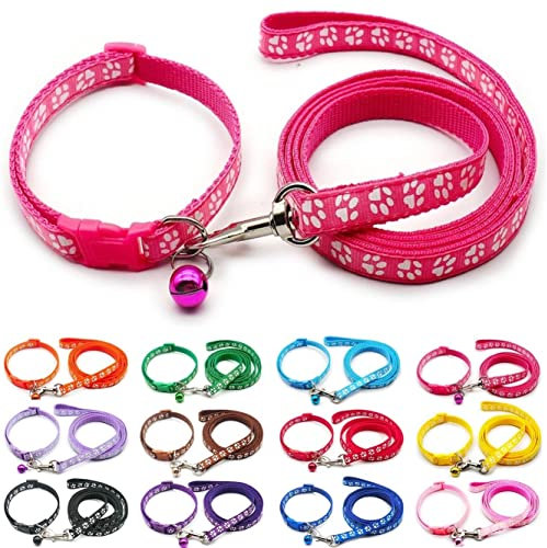 Doggie Style Store Small Dog Puppy Pet Collar and Lead Set Pawprint Design Nylon Adjustable Size 19-32cm Collar with Bell and 120cm Leash Pink Magenta Rose