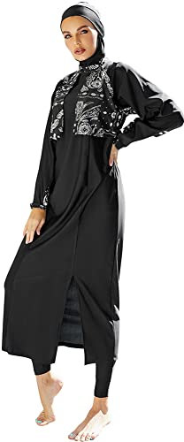 OBEEII Muslimische Bademode Badeanzug Full Cover Bescheidene Badebekleidung Modest Muslim Swimwear Beachwear Burkini Langarm Tops und Hose mit Hijab 3-Teilige Modest Bademode Sets Schwarz03 L