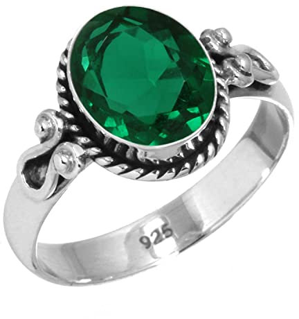 Jeweloporium Grüner Smaragd-Simulationssilberring, Größe 67 (21,3), 925er Sterlingsilberring für Damen, ovaler Stein, Boho-Schmuck
