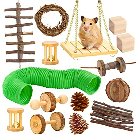 MYSUNBAR 15 Stück Hamster-Kauspielzeug,Natürliches Holz,Hanteln,Trainingsglocke,Wippe,etc.Zahnpflege,Molar Spielzeug für Papageien,Syrische Hamster,Rennmäuse,Ratten,Meerschweinchen