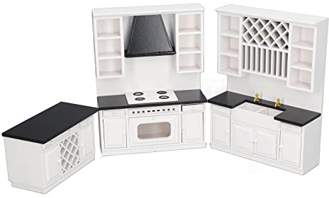 Fewb Puppenhausmöbel Küchenset, Maßstab 1:12 Miniatur Holz Küchenmöbel Schrank Set, Küche Esszimmer Möbel für Puppenhaus Miniaturen Spielzeug