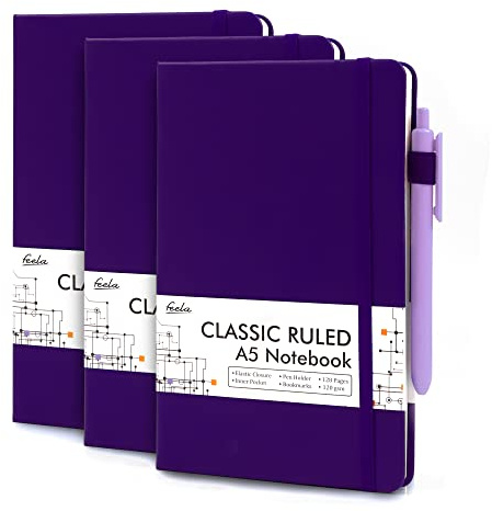 feela 3 Pack A5 Notebooks, Lined Notepads with Gel Pens, 120 GSM, Purple | College Ruled Hardback Journal Notebooks for Work, Study, School, Office, 128 Pages Each, 21 x 13 cm