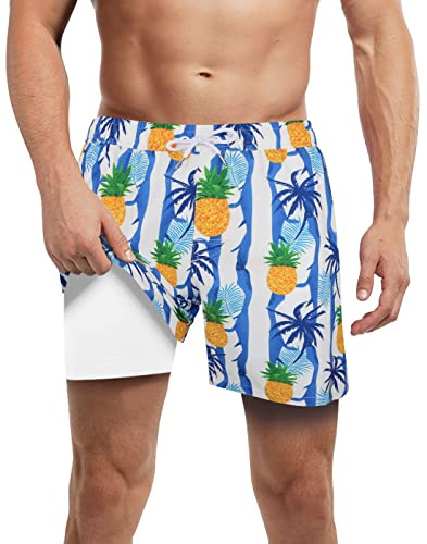 LUCOWEE Mens Swim Trunks with Compression Liner Anti Chafe Boxer Brief Lined Swimming Trunks Bathing Suits UPF 50+ Stretchy 5 inch Inseam Bathing Suit Shorts Pineapple Medium