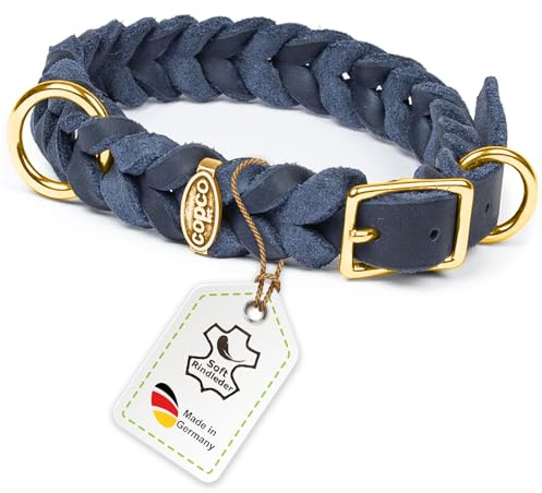 CopcoPet Hundehalsband aus Fettleder 45–49 cm x 25mm Marineblau – Geflochtenes Lederhalsband – Messing mit Dornschließe – Robust & verstellbar – Für große Hunde, ideal für Alltag & Training