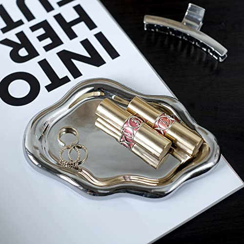 MDFAYE Jewelry Dish Trinket Tray for Women, Ring Dish Holder, Unique Cloud Shape Ceramic Plate Cute Things Vanity Aesthetic Room Decor Mother's Day Birthday (Silver)