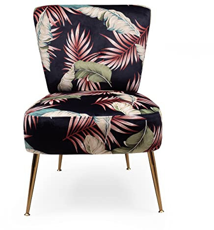 Homely - Butaca descalzadora Diva AMAZÓNICA | diseño Moderno, Vintage | Salón, Dormitorio, salita, despacho | 57x65,5x74,5 cm | Patas metálicas Acabado Dorado| Tela Estampada Multicolor