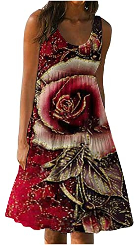 tsaChick Kleider Elegant Bedrucktes Frauen Rundhalsausschnitt Ärmelloses Lose Strandkleid Sommerkleider Günstig Sommerkleid Damen Kurz Sexy Mittelalter Kleidung Kinder Jungen Kleid Eng Damen