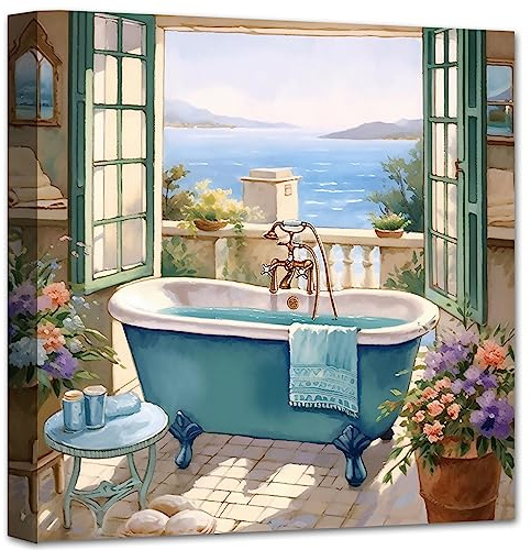 LZIMU Badezimmer Wanddekoration blaugrüne Badewannen Kunstdrucke rustikales Blumengemälde Meerblick aus dem Fenster für Toiletten Waschraum Dekor (A,30.00 x 30.00 cms)