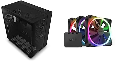 Bundle mit NZXT H9 Flow PC Gaming Gehäuse - Airflow Mesh Front - Extra GPU Lüfter - USB C & NZXT F120 RGB Dreierpackung – 3x120 mm RGB-Lüfter – 18 LEDs – Halbtransparente Lüfterblätter – Schwarz