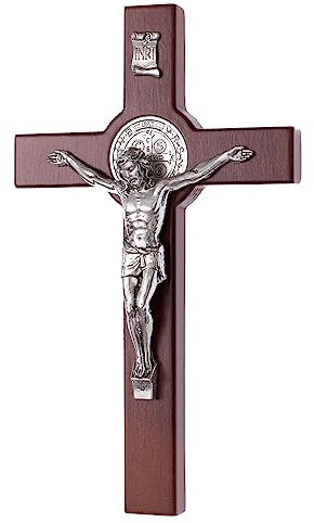 Drewniane Krzyże Hängendes Kreuz des Heiligen Benedikt mit dem Passionskreuz Hängekreuz aus Buchenholz (Braun, 28x16x1,8cm)