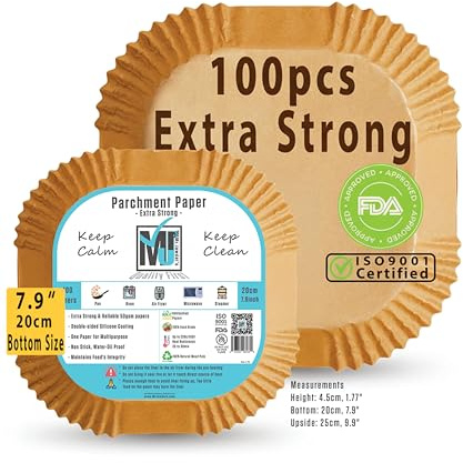 ((Extra Strong)) 100Pcs Air Fryer Liners, Parchment Paper Liner Mr.Jawdat's™, Square Parchment Paper for Baking or Roasting, Water-Grease-proof ((Bottom size 20cm/7.9inch, Square))