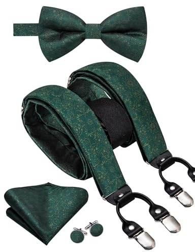 Hi-Tie Herren Hosenträger und vorgebundene Fliege mit Einstecktuch, stark, verstellbar, 6 Clips, Y-Rücken, Herren-Hosenträger, Dunkelgrün, M