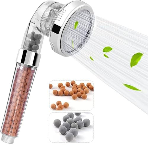 LIDOUK Shower Head Powerful Flow with Beads Filter Pressure Boosting Shower Head Spray with 3 Modes Water Saving Bathing for Adults Children Pets Home and Gym Use