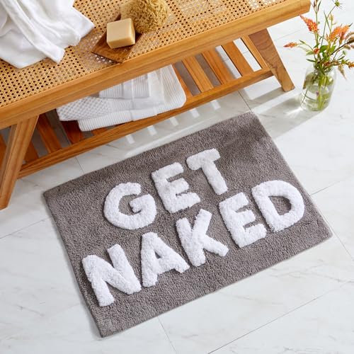 Market & Place Get Naked Badteppich, niedliche Badezimmermatte, lustige Badezimmer-Dekoration für Badewanne und Dusche, Baumwolle, getuftet, saugfähig, 50,8 x 76,2 cm, Grau und Weiß