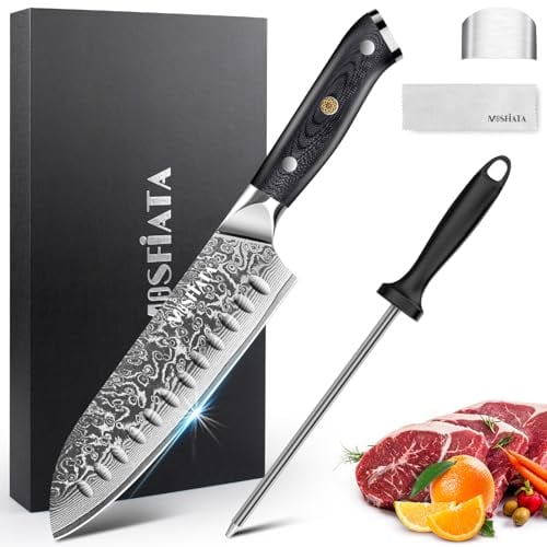 MOSFiATA Damast Santokumesser 7 Zoll, Damastmesser Küchenmesser Damaststahl Japanisches Messer Scharf Chef Knife Profi Fleischmesser, mit Fingerschutz Messerschärfer, Als Geschenk