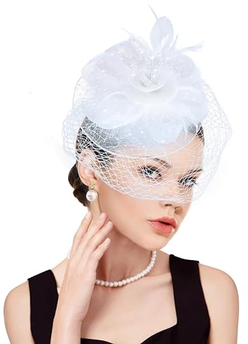 dressfan Fascinator Stirnband Hut Damen Vintage Stirnband Hochzeit Schleier Hut Blume Mesh Feder Gatsby Haarreif 20er 50er kopfschmuck Haarschmuck für Hochzeit/Cocktail/Gatsby/Teeparty/Karneval,Weiß