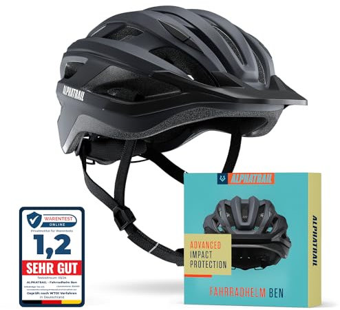 Alphatrail Casque de Vélo Ben - Sûr, Confortable & Léger - Taille 55-61cm Noir - Allround, VTT, Trekking, Urbain & E-Bike - Casque Vélo Respirant Femme & Homme avec Protection Insectes, Mentonnière