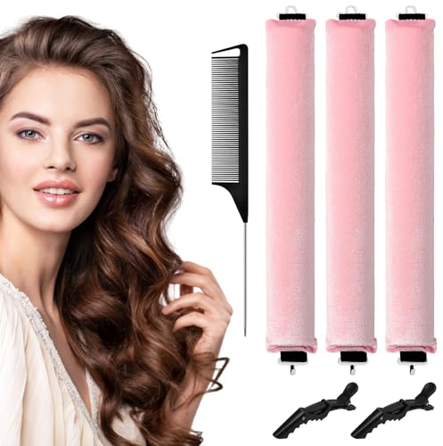WuGU Locken Ohne Hitze, 3 Stück Heatless Curls Band, Lockenwickler über Nacht, Flexi Stangen mit Haken, Hitzefreier Lockenwickler mit 2 Klammern, Hitzefreier Lockenstab für Alle Haartypen (Rosa)