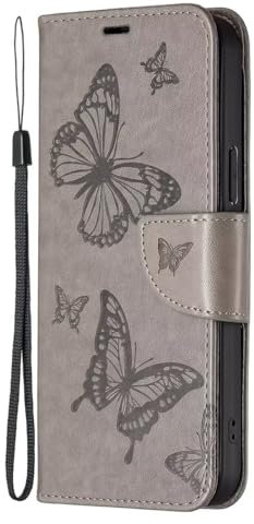 FMPCUON Handyhülle für Nokia 2.3 Hülle mit Schmetterling Muster Hülle, Flip Lederhülle Tasche Case Magnet Kartenfach Schutzhülle Standfunktion für Nokia 2.3, Grau