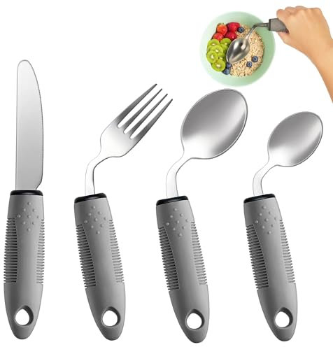 BaseSmall Utensilios adaptativos (juego de cocina de 4 piezas) con peso, utensilios adaptativos en ángulo de 42° para pacientes con Parkinson, temblores de manos, artritis y ancianos, utensilios de