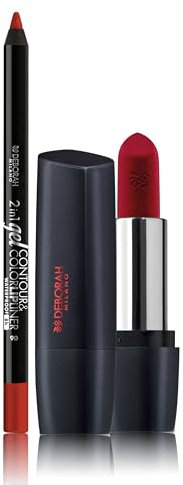 Deborah Milano -Set Makeup Rossetto Red Mat con Collagene e Acido Ialuronico, 5 Deep Red, 4.5gr e Matita Labbra 2 in 1 Gel Contour&Color, 06 Rubine, ad Alta Pigmentazione e Waterproof, 1.3gr