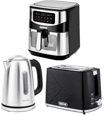Geepas 1.7L Illuminating Electric Kettle 2 Slice Bread Toaster & 9.2L Digital Air Fryer Combo Kitchen Set | 2200W Stainless Steel Cordless Jug Kettle | 900W Toaster | Oil Free Toaster Oven