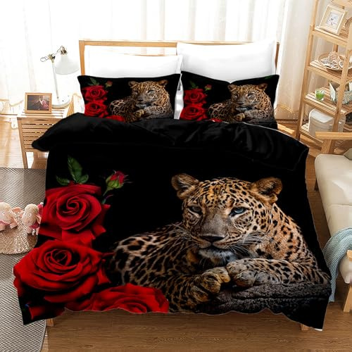 BNREDA Leopard Bettwäsche 220x240,3D Leopardmotiv Mikrofaser Bettbezug,Weich Komfort Tiermotiv Bettwäsche Sets 3teilig,Für Erwachsene, Jugendliche und Kinder (Leopard-B, 220x240cm)